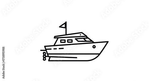 Line Art Illustration of a Motorboat with Flag.