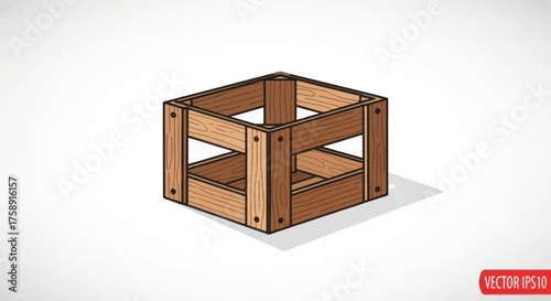 Hand-drawn Wooden Crate with Open Sides and Shadow.