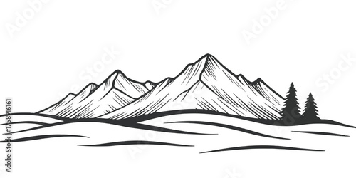 Vector illustration of a snowy mountain range landscape with peaks and glacier against a winter sky