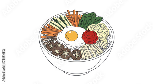 Colorful Bibimbap Bowl with Fried Egg and Vegetables Illustration.
