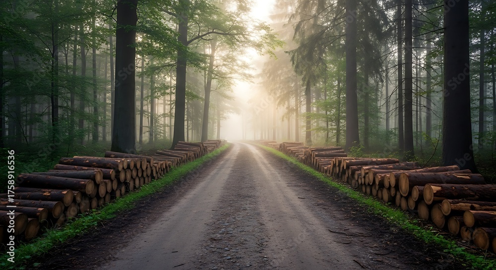 Obraz premium A sun-drenched forest path winds through stacks of felled timber, bathed in a soft morning mist.