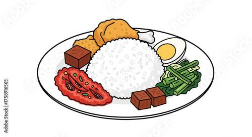 Traditional Indonesian Nasi Campur meal with rice chicken egg and vegetables.