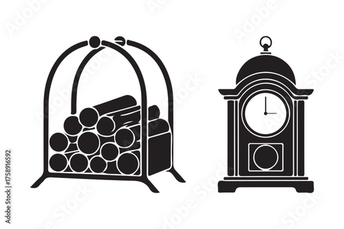 Black silhouette of a firewood rack and a grandfather clock