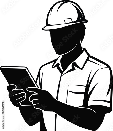 Construction Engineer Using Digital Tablet – Vector Illustration of Worker with Safety Helmet