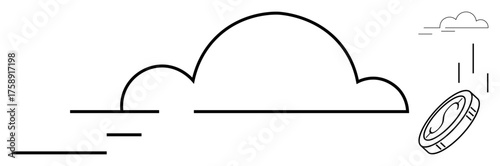 Stylized coin dropping from cloud underlined by flowing lines with minimalist design. Ideal for finance, growth, opportunity, luck, prediction, innovation, abstract simplicity metaphors. Perfect