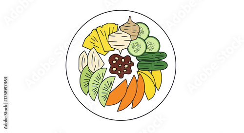 Colorful Fruit and Vegetable Platter on White Plate Healthy Food Arrangement.