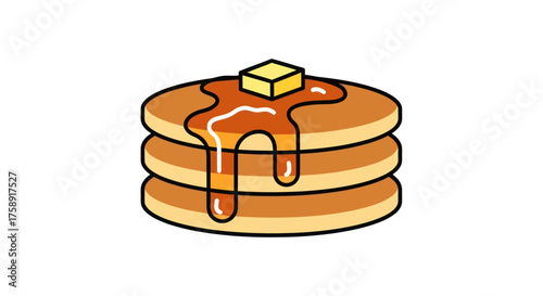 Stack of golden brown pancakes with melting butter and syrup.