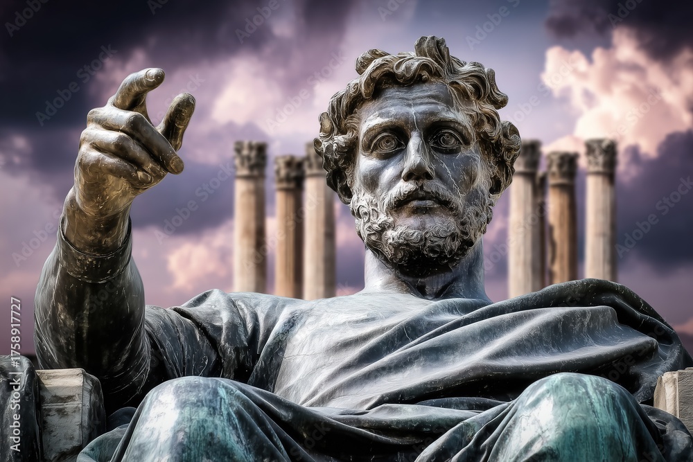 Obraz premium Famous ancient statue depicting a philosopher seated with a contemplative expression against a dramatic sky at sunset