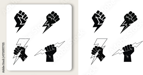 Powerful clenched fist holding a lightning bolt symbolizing strength and social justice in bold vector 