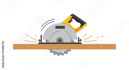 Animated Circular Saw Cutting Through Wooden Plank.