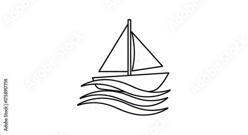 Simple Line Art Illustration of a Sailboat on Wavy Water.