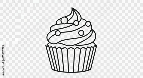 Simple Line Art Drawing of a Decorated Cupcake with Swirled Frosting.