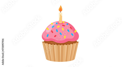 Delicious Pink Frosted Cupcake with Lit Birthday Candle.
