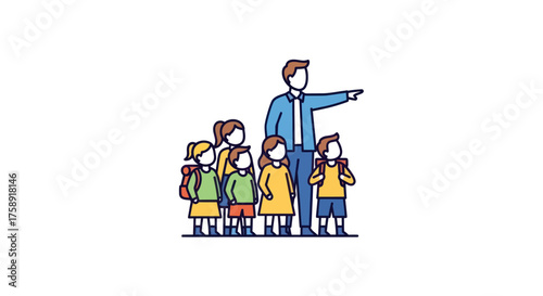 Teacher Guiding Diverse Students Group in Colorful Outline Illustration.