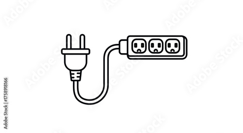 Simple line art icon of an electrical power strip with three outlets and a grounded plug.
