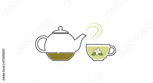 Tea Time: Teapot and Cup with Steaming Green Tea Illustration.