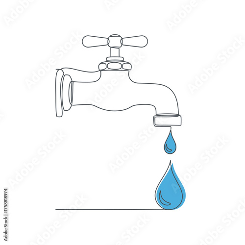 Water tap dripping vector illustration, plumbing fixture, faucet with water drop line art drawing design