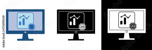 Flat vector illustration of a computer monitor displaying AI-driven analytics, representing artificial intelligence and data visualization technology.