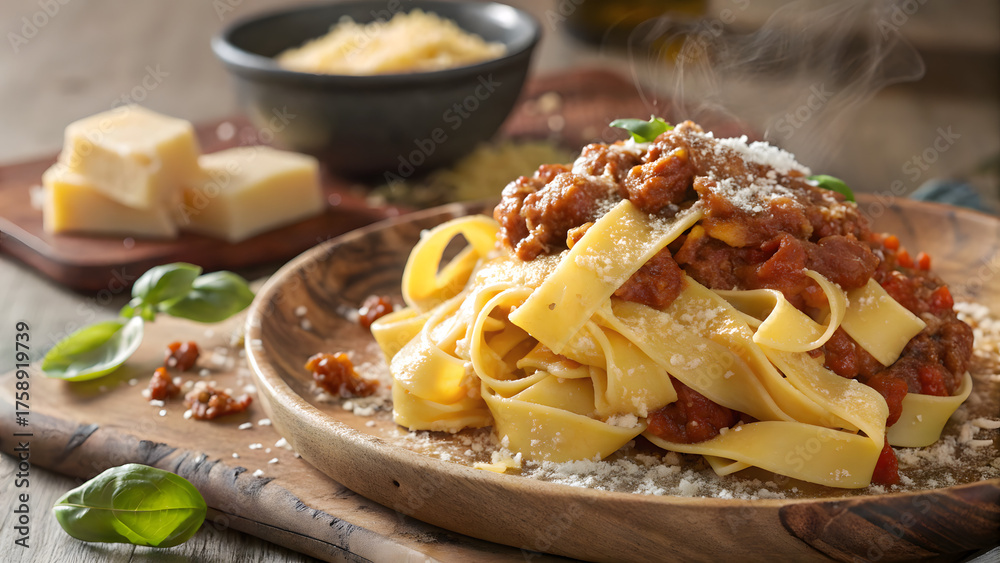 Fototapeta premium Tagliatelle al Ragu alla Bolognese Italian Pasta with Meat Sauce and Parmesan