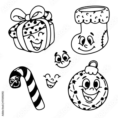 Cartoon lineart groove set for Christmas and New Year.
