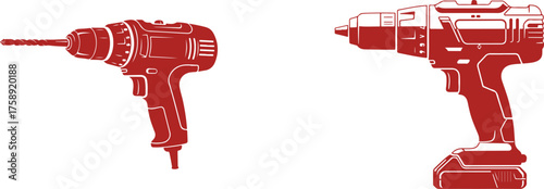 Two Red Silhouette Power Drills with Drill Bits on White Background electric drill cordless drill