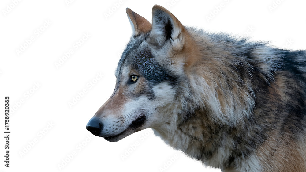Fototapeta premium A majestic wolf's head, displaying a mix of gray, brown, and white fur tones.