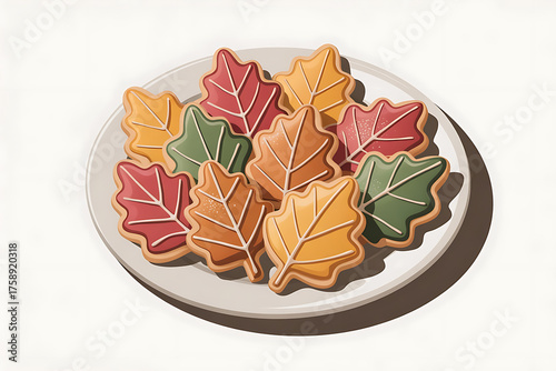 Colorful leaf-shaped cookies arranged on a plate, evoking autumn and festive treats.