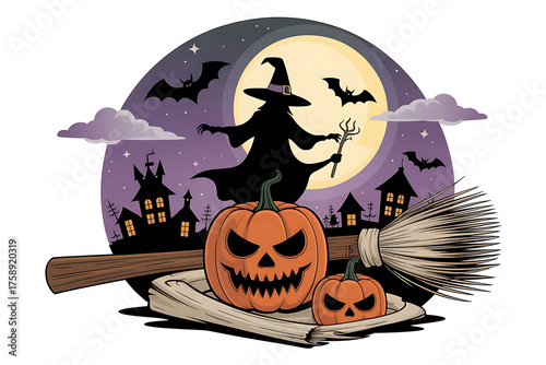 Silhouette witch flies against a full moon, bats, pumpkins, and spooky scenery evoke Halloween.