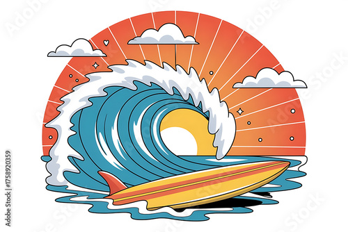 A vibrant wave crests over a surfboard against a radiant sunset, evoking summer vibes.