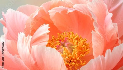 Close-up of a delicate coral charm peony flower in full bloom.