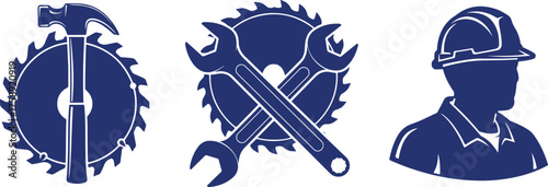 Blue Saw Hammer Wrenches Construction Worker Helmet Icons Isolated On White saw blade circular saw