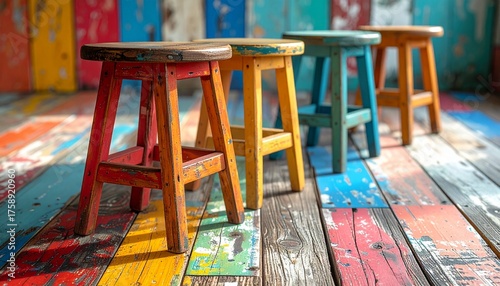 Row of colorful rustic wooden stools on a vibrant painted floor.