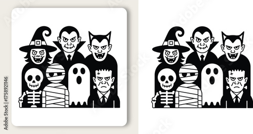 Spooky Halloween characters witch vampire skeleton ghost mummy frankenstein in cartoon doodle style vector illustration 