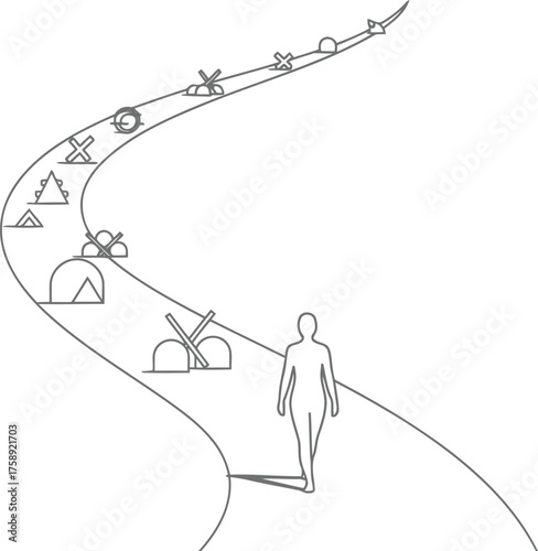 A solitary figure walks along a winding path marked by abstract symbols representing obstacles and milestones on life s journey