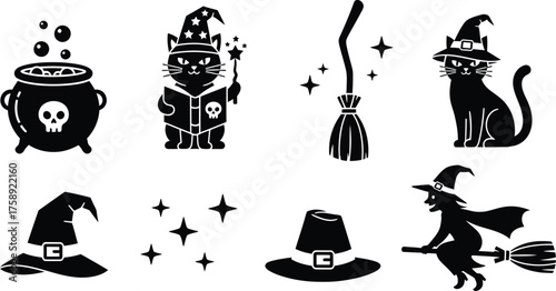 Halloween theme icons. cauldron with a skull, black cats wearing witch hats, a broomstick, a witch flying on a broomstick, and more 