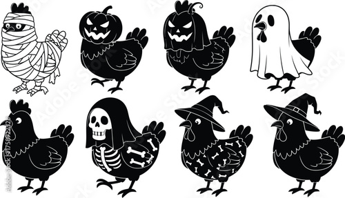 black and white cartoon chickens dressed in various Halloween costumes. Halloween chicken costume dressed as a mummy, pumpkin, ghost witch and skeleton vector illustration 