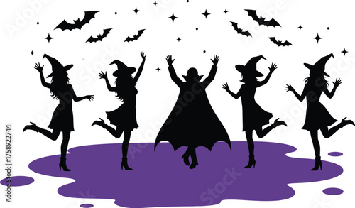 Halloween coming witches and wizard dancing in front of a full moon with flying bats and spooky trees. Vector outdor spooky Halloween party theme background