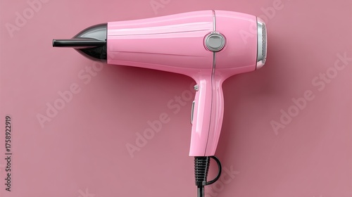 Pink hair dryer is on a pink background. The hair dryer is pink and has a black handle