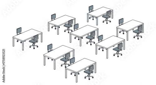 Isometric Office Desks and Chairs Workstation Layout Illustration.