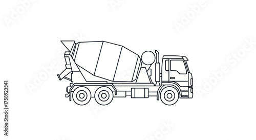 Detailed Line Drawing of a Concrete Mixer Truck.