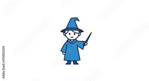 Cute Cartoon Wizard Character in Blue Robe Holding a Magic Wand.