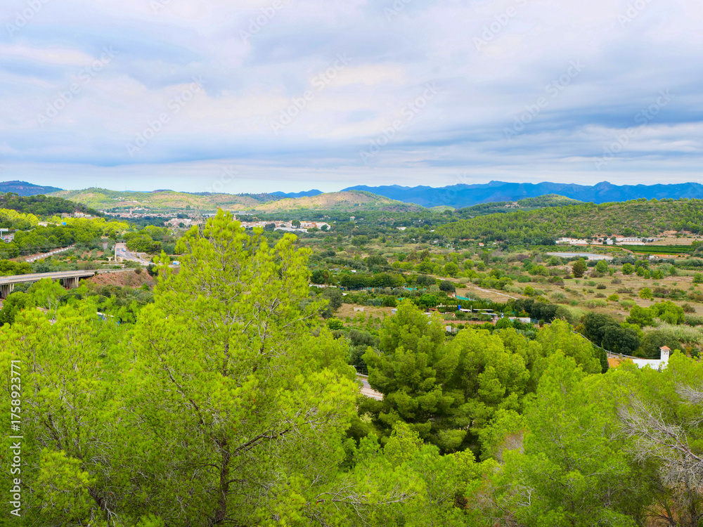 Obraz premium wide view of lush green hills and valleys fills landscape, with patches of trees and cloudy sky above. peaceful setting showcases beauty of rural nature and tranquility