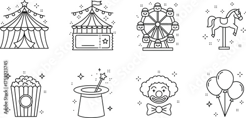 Circus tent, ticket booth, Ferris wheel, carousel horse, box of popcorn, magician top hat with a wand, clown's face, bunch of balloons line art vector illustration icon set.