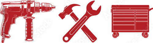 Red Power Drill Wrench Hammer and Toolbox Icons on White Keywords: drill, power drill, tool, tools, wrench, spanner, hammer