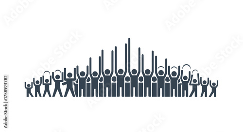 Crowd of stylized figures with raised arms celebrating or cheering together.