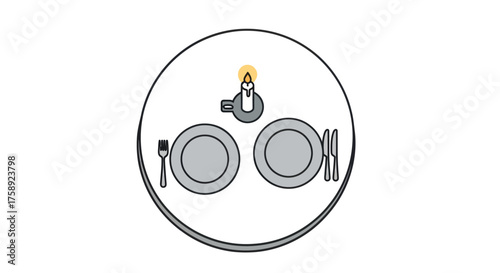 Round Table Setting with Plates Silverware and Lit Candle.