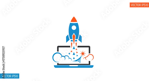 Blue Rocket Launching from Laptop Screen with Clouds and Stars.
