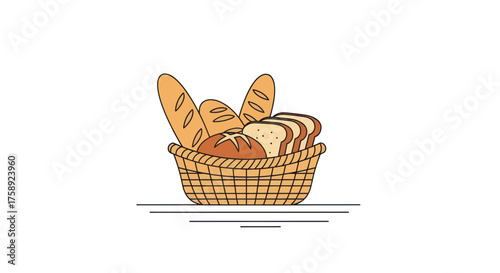 Illustrated Wicker Basket Filled with Freshly Baked Assorted Breads.