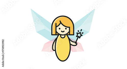 Adorable cartoon fairy with blonde hair and a magic wand.