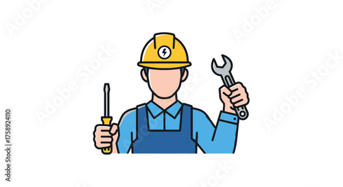 Professional worker wearing hard hat holding tools illustration.
